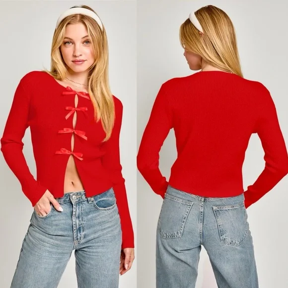 *PREORDER*All Wrapped Up Satin Bow Long Sleeve Sweater - Picture 1 of 1